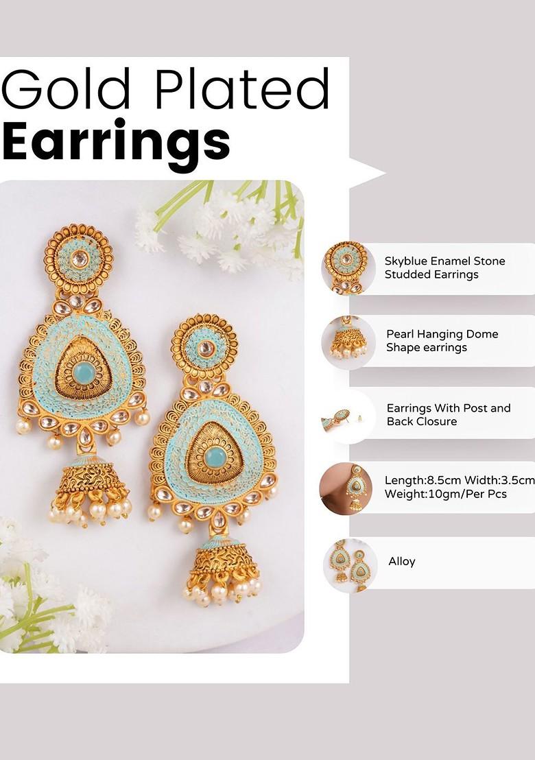 Blue Studded  And Beaded  Gold Plated Earrings