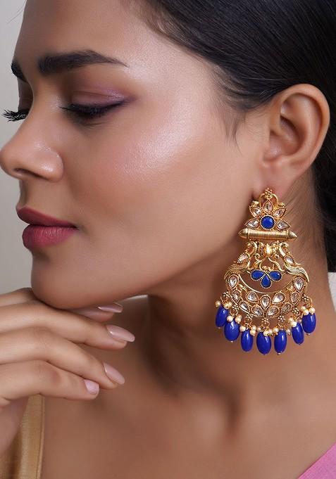 Blue Artificial Stones And Beads Gold Plated Earrings