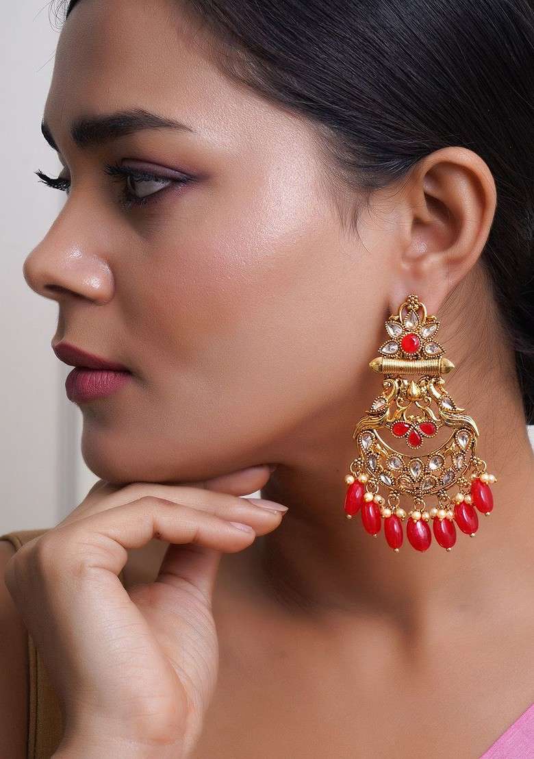 Red Pearl Beaded Gold Plated Earrings - Indya