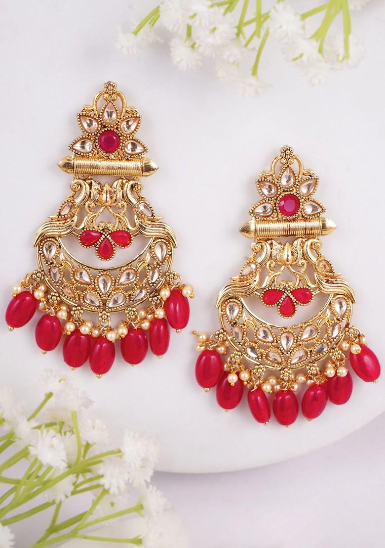 Red Pearl Beaded Gold Plated Earrings