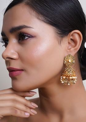 Gold Artificial Stones And Beads Gold Plated Earrings