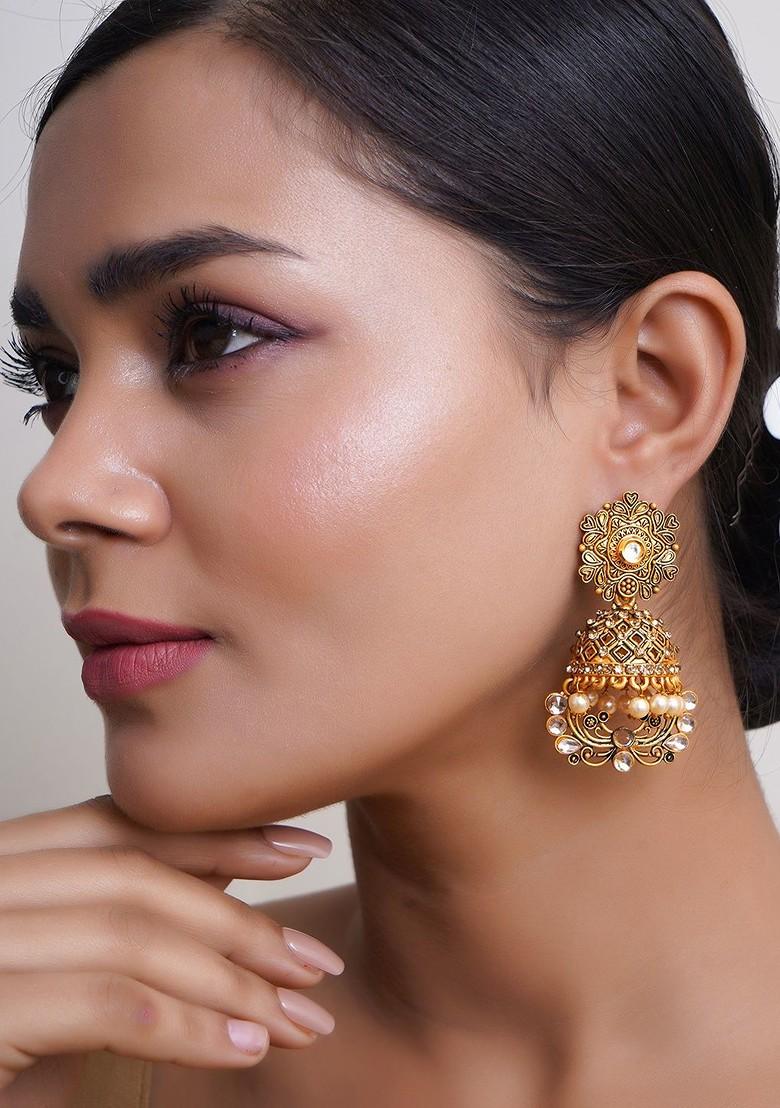 Gold Artificial Stones And Beads Gold Plated Earrings