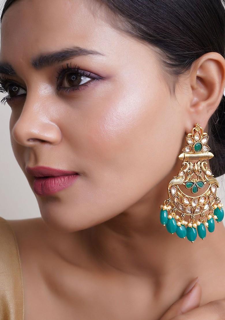 Green Artificial Stones And Beads Gold Plated Earrings