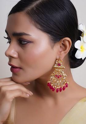Red Artificial Stones And Beads Gold Plated Earrings
