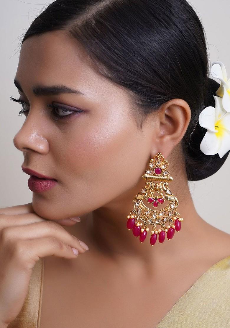 Red Artificial Stones And Beads Gold Plated Earrings