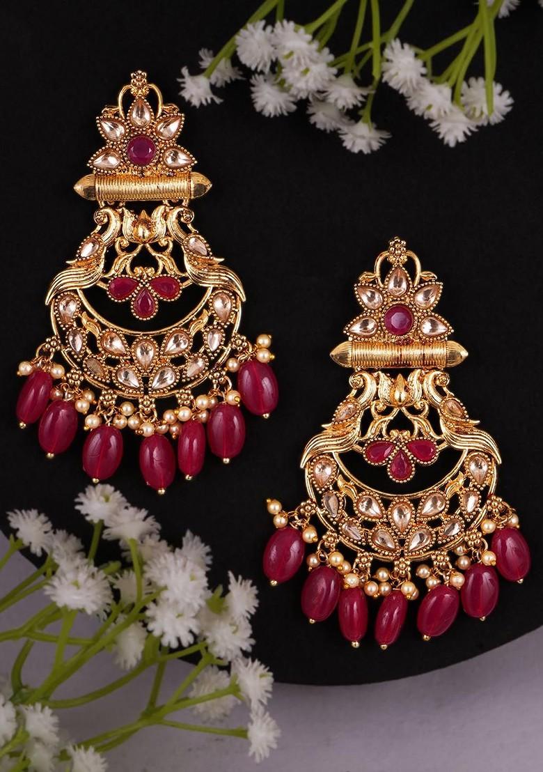 Red Artificial Stones And Beads Gold Plated Earrings