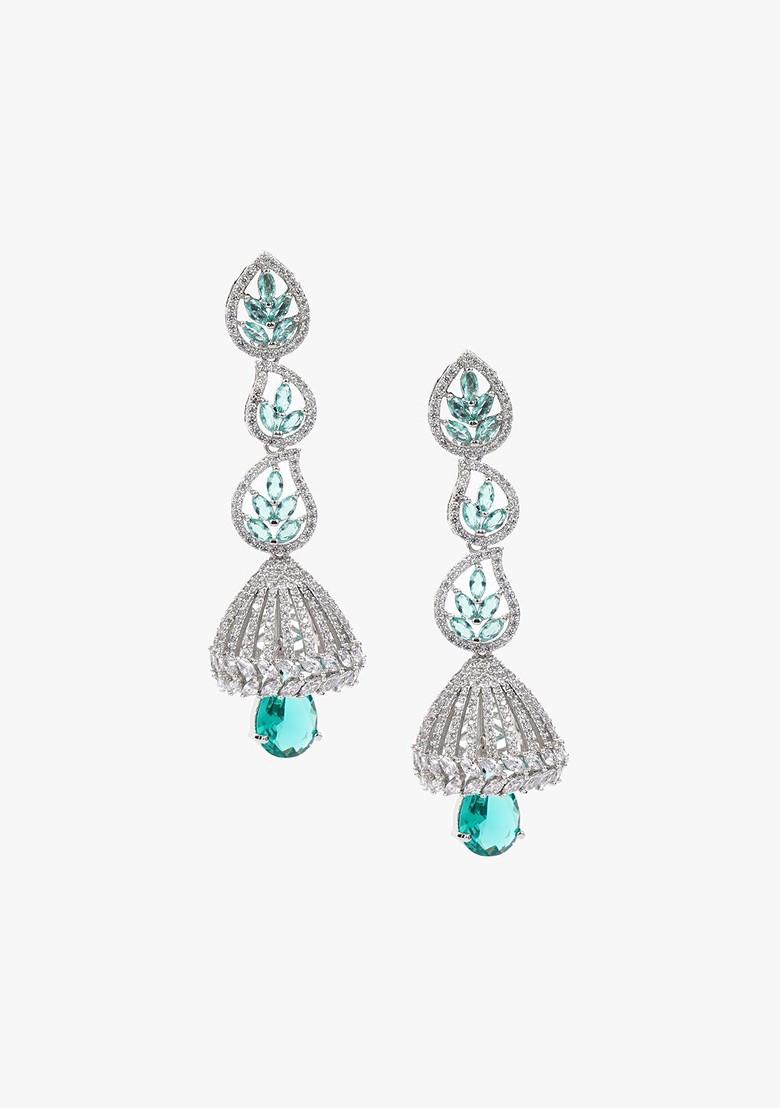 Green Dome Shaped Rhodium Plated Earrings