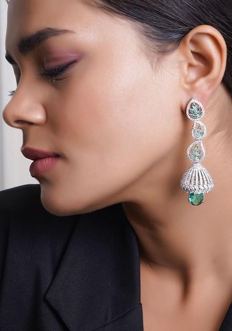 Green Dome Shaped Rhodium Plated Earrings