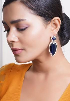 Navy Blue Leaf Shaped Studs Rhodium Plated Earrings