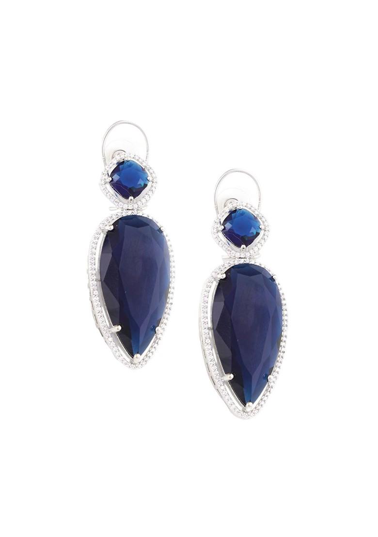 Navy Blue Leaf Shaped Studs Rhodium Plated Earrings