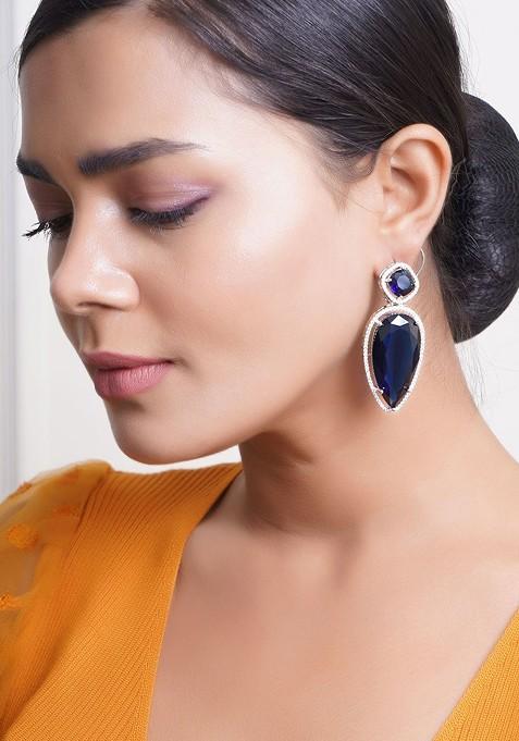 Navy Blue Leaf Shaped Studs Rhodium Plated Earrings