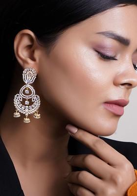 Gold Stone Studded And Beaded Gold Plated Earrings