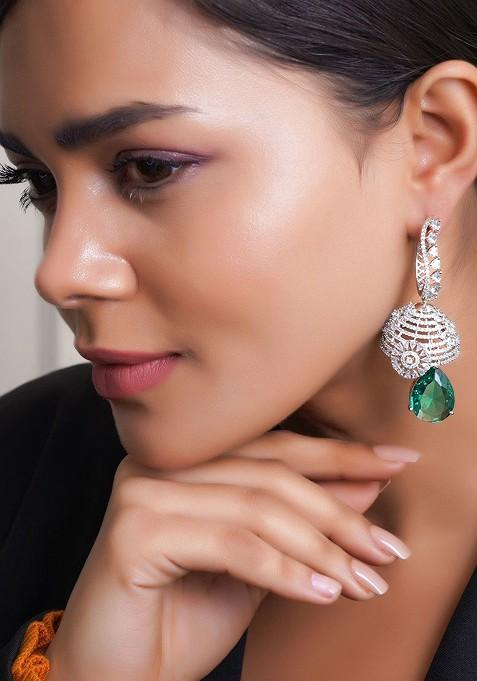 Green Dome Shaped Rhodium Plated Earrings