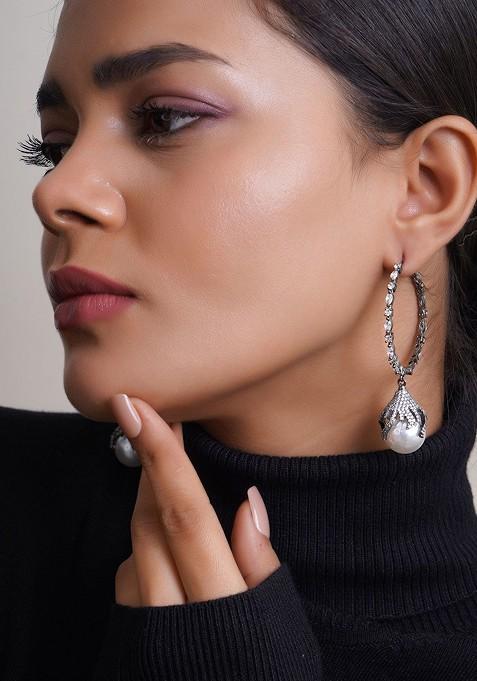 Silver Artificial Stones And Beads Silver Plated  Earrings