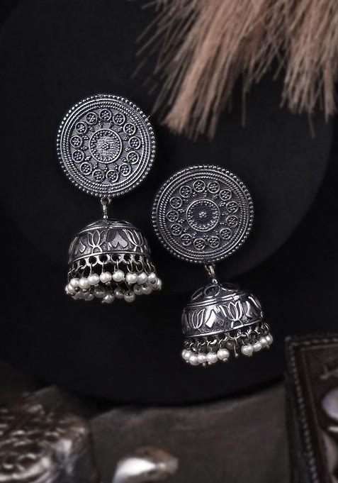 Silver Artificial Stones And Beads Silver Plated  Earrings