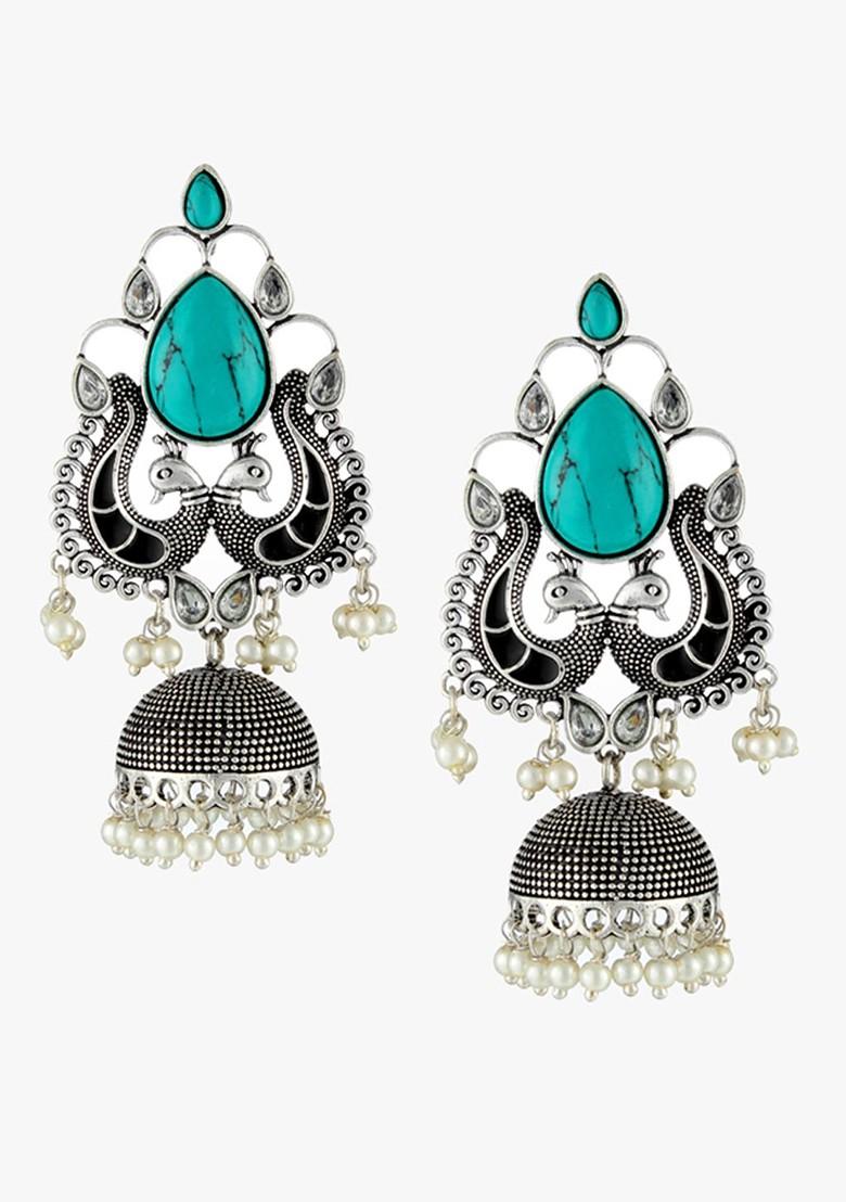Silver Artificial Stones And Beads Silver Plated  Earrings