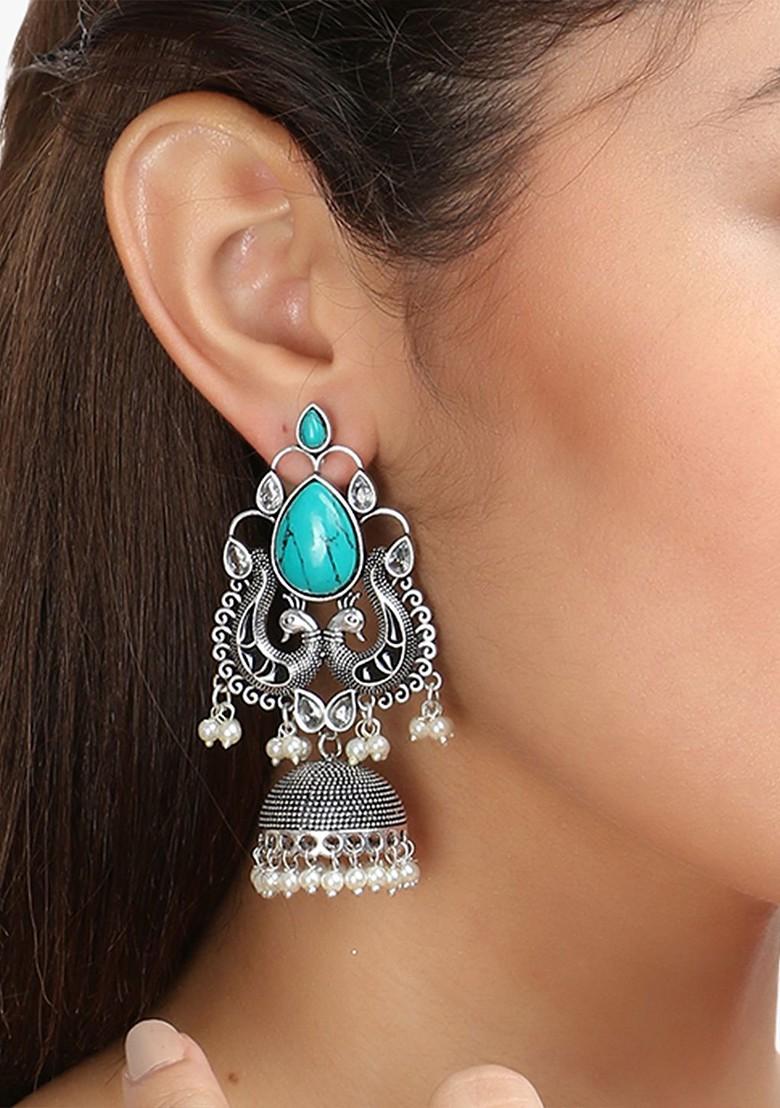 Silver Artificial Stones And Beads Silver Plated  Earrings