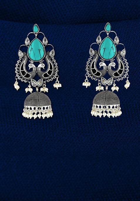 Silver Artificial Stones And Beads Silver Plated  Earrings