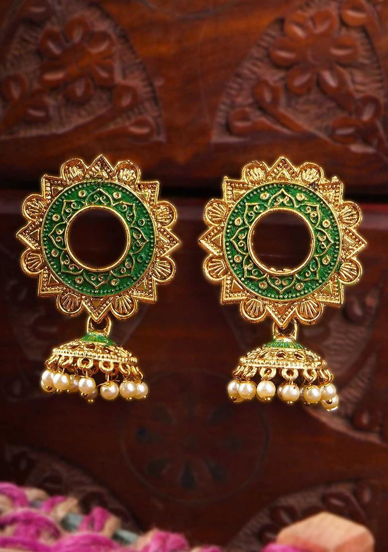 Gold Artificial Stones And Beads Gold Plated Earrings