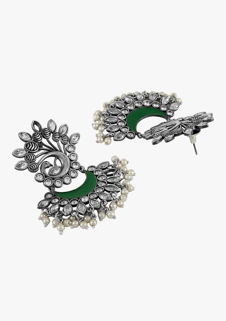 Silver Artificial Stones And Beads Silver Plated  Earrings