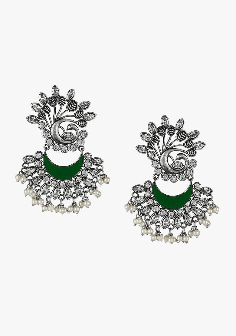 Silver Artificial Stones And Beads Silver Plated  Earrings