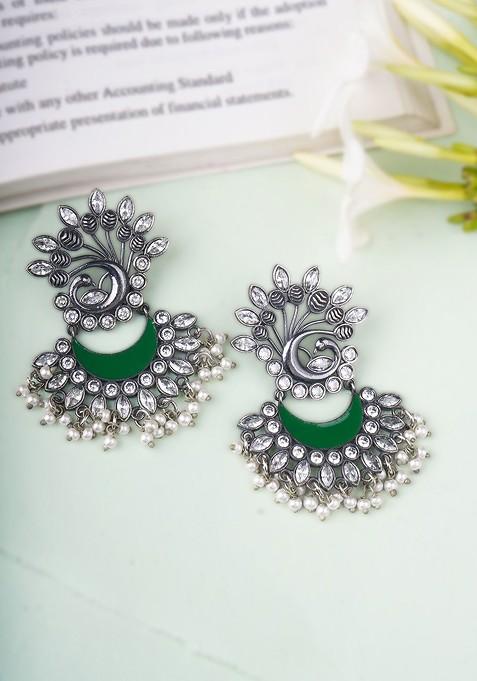 Silver Artificial Stones And Beads Silver Plated  Earrings