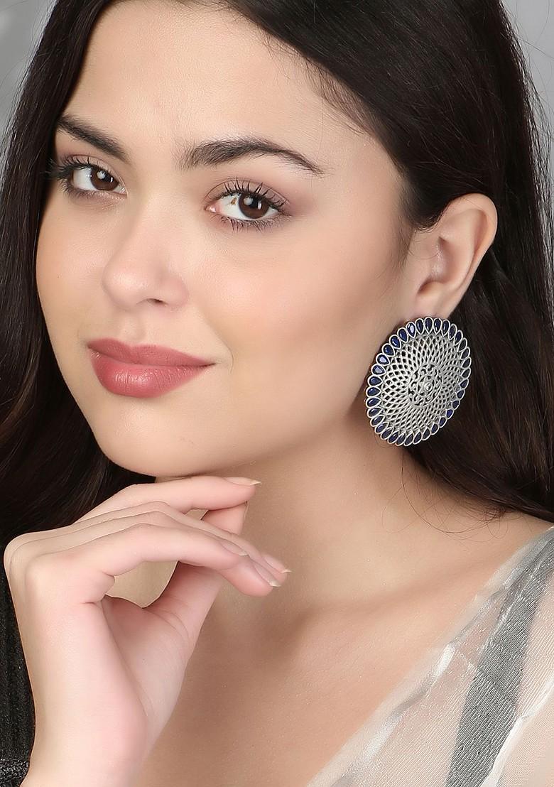 Silver Artificial Stones And Beads Silver Plated  Earrings