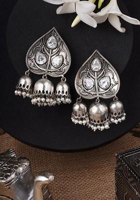 Silver Artificial Stones And Beads Silver Plated  Earrings