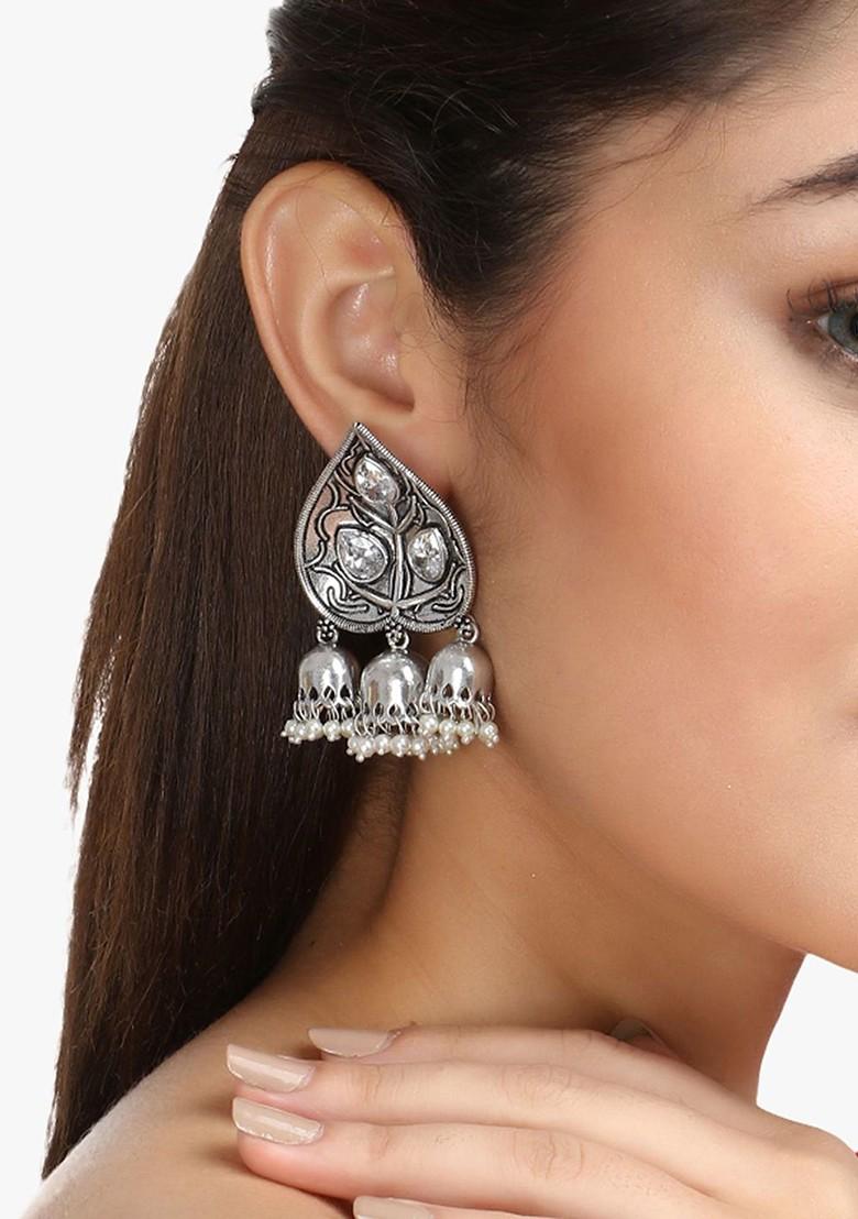 Silver Artificial Stones And Beads Silver Plated  Earrings