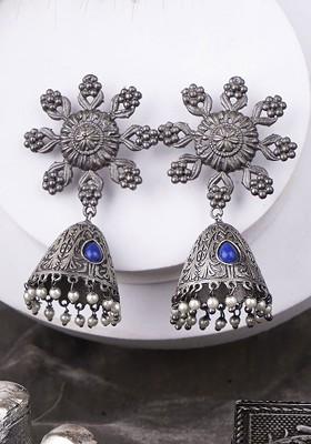 Silver Artificial Stones And Beads Silver Plated  Earrings