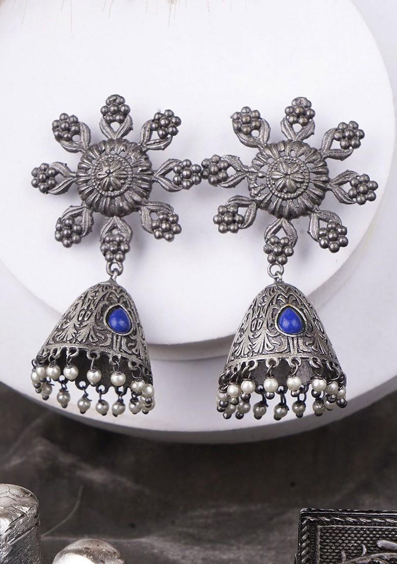 Silver Artificial Stones And Beads Silver Plated  Earrings