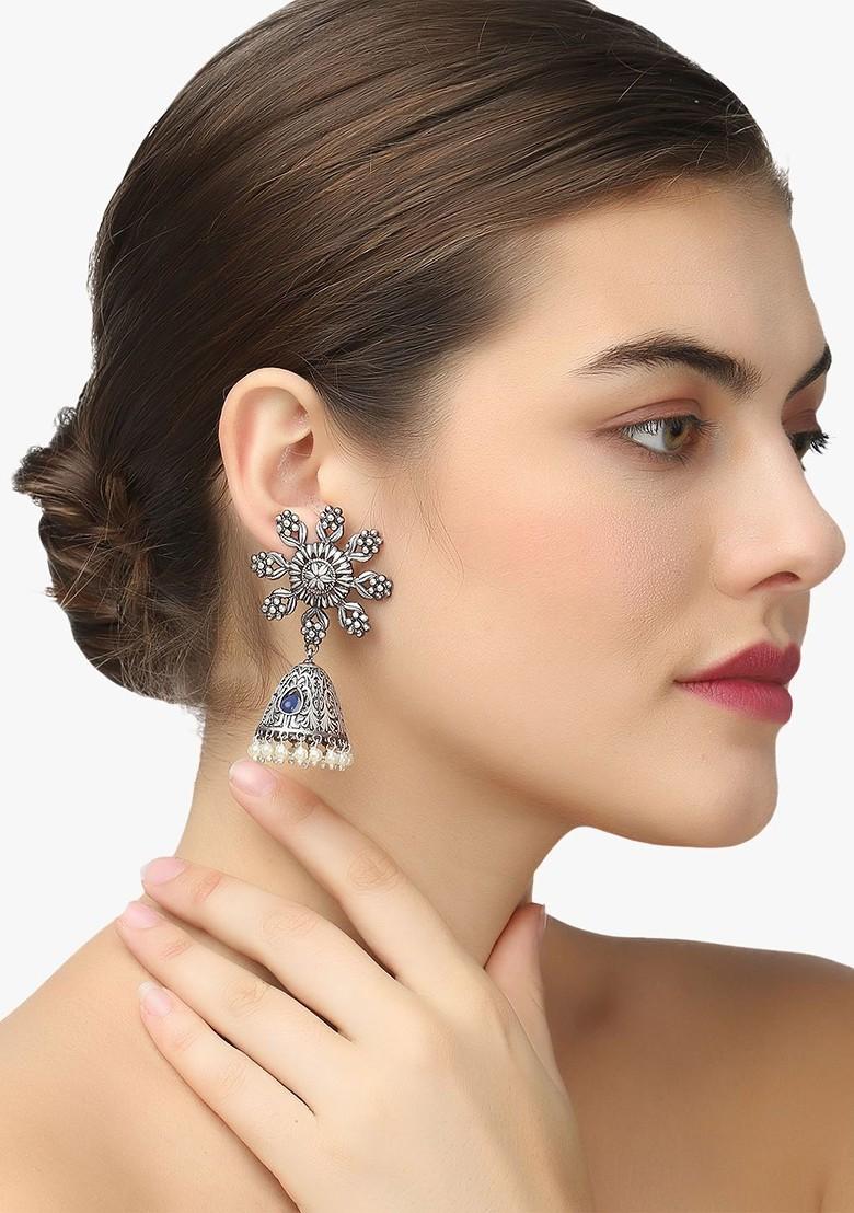 Silver Artificial Stones And Beads Silver Plated  Earrings