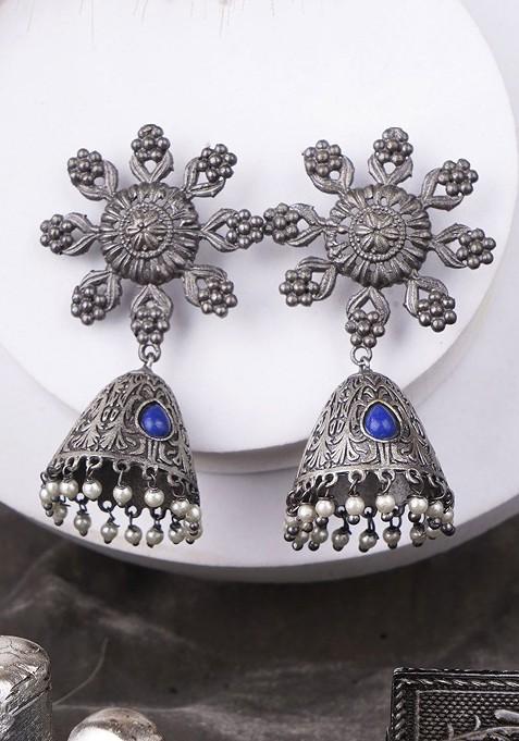 Silver Artificial Stones And Beads Silver Plated  Earrings