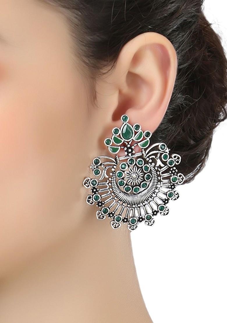 Silver Artificial Stones And Beads Rhodium Plated Earrings