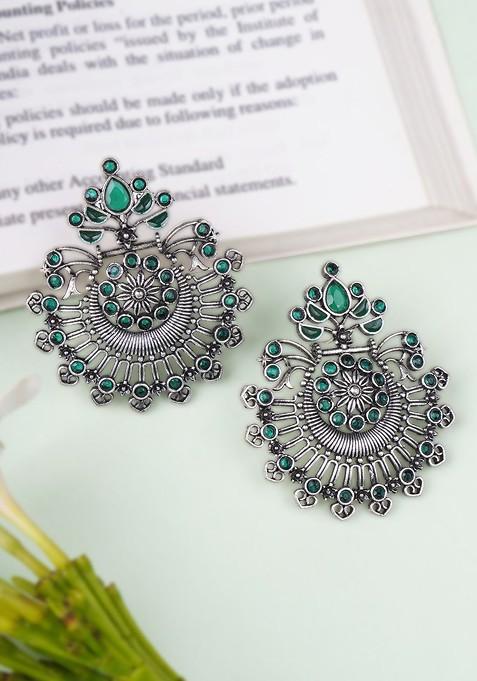 Silver Artificial Stones And Beads Rhodium Plated Earrings