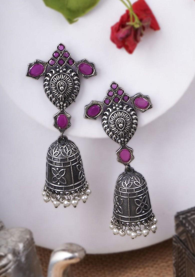 Silver Artificial Stones And Beads Silver Plated  Earrings