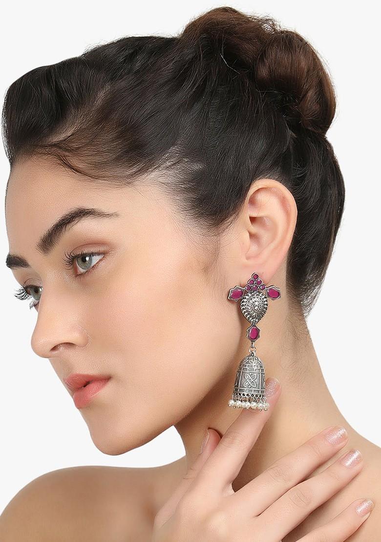 Silver Artificial Stones And Beads Silver Plated  Earrings