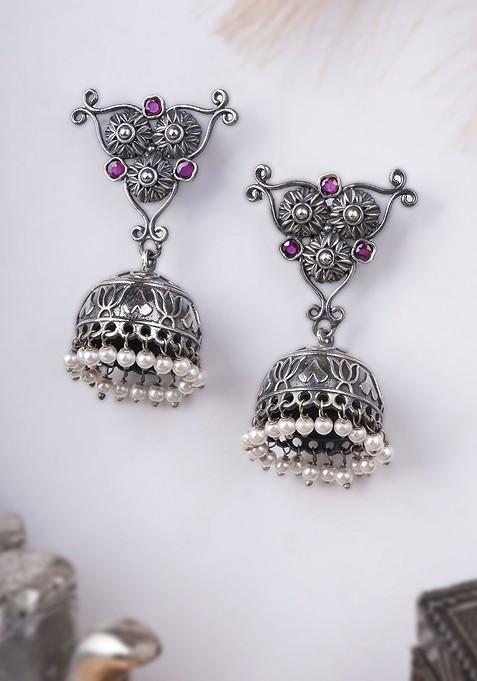 Silver Artificial Stones And Beads Silver Plated  Earrings