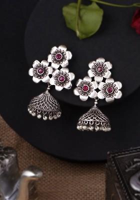 Silver Artificial Stones And Beads Silver Plated  Earrings