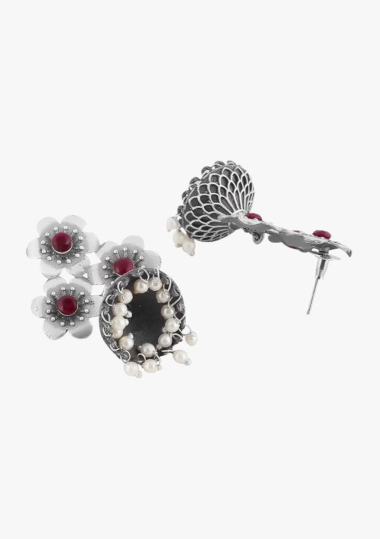 Silver Artificial Stones And Beads Silver Plated  Earrings