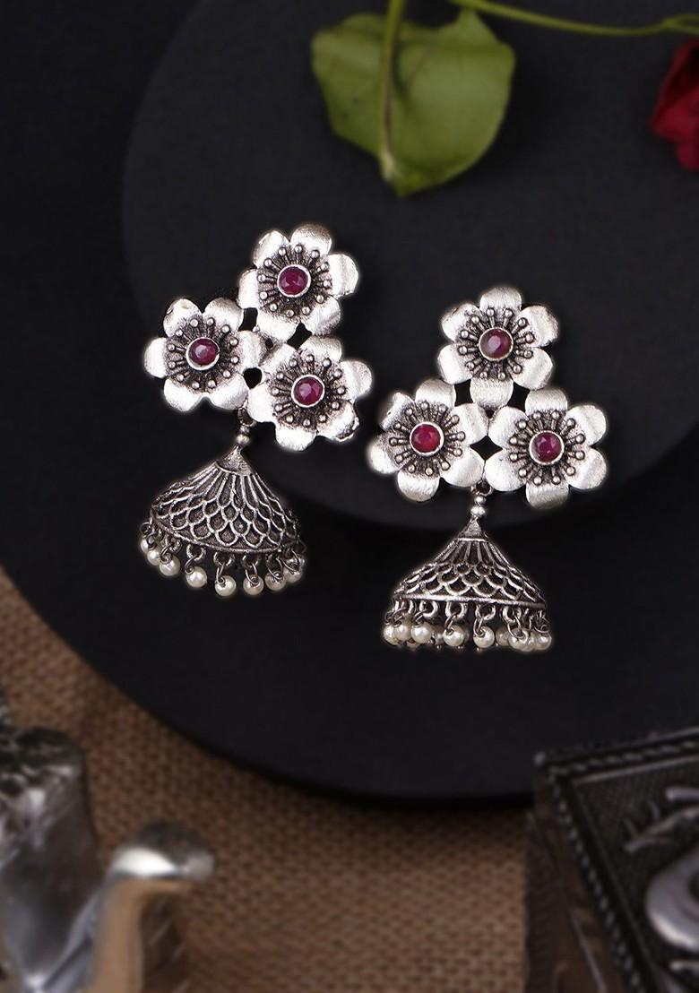 Silver Artificial Stones And Beads Silver Plated  Earrings