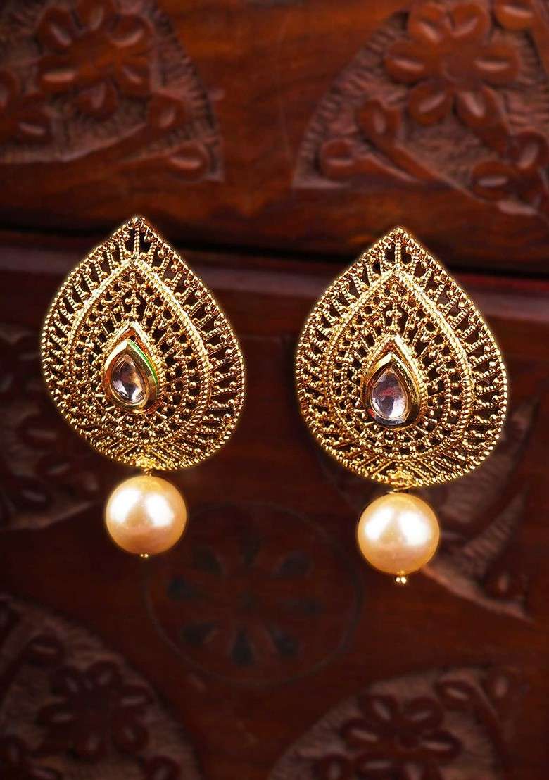 Gold Artificial Stones And Beads Gold Plated Earrings - Indya