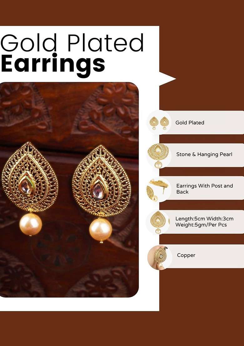 Gold Artificial Stones And Beads Gold Plated Earrings - Indya