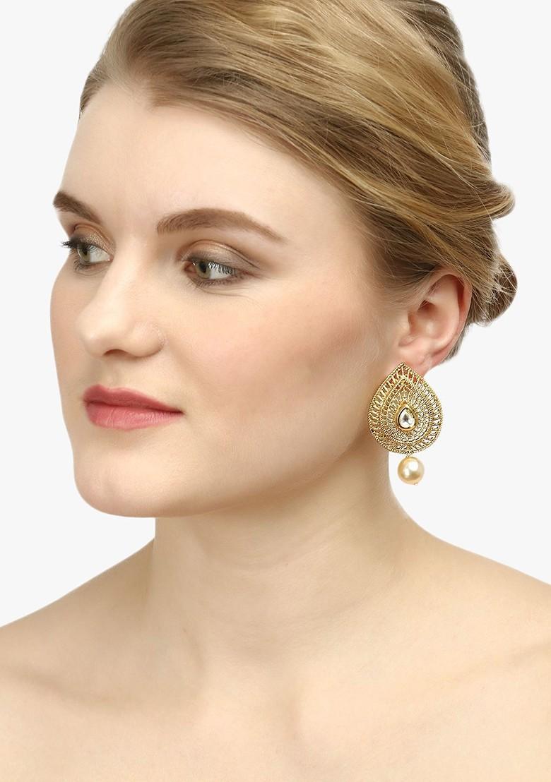 Gold Artificial Stones And Beads Gold Plated Earrings