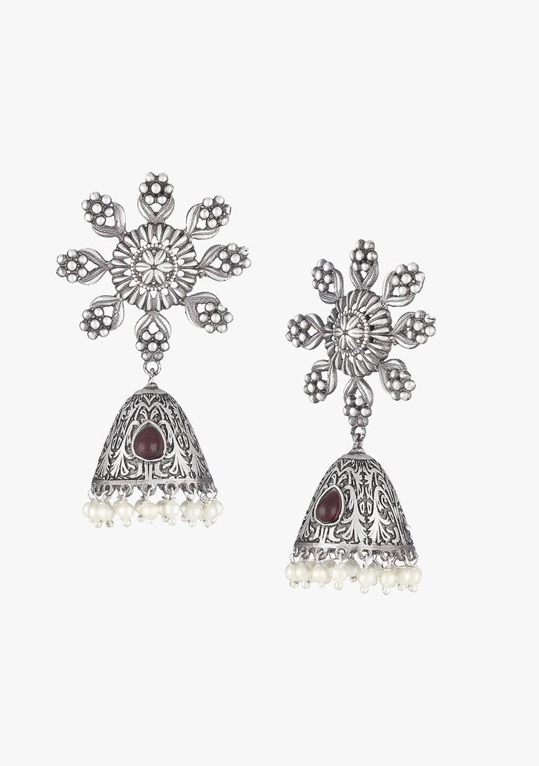 Silver Artificial Stones And Beads Silver Plated  Earrings