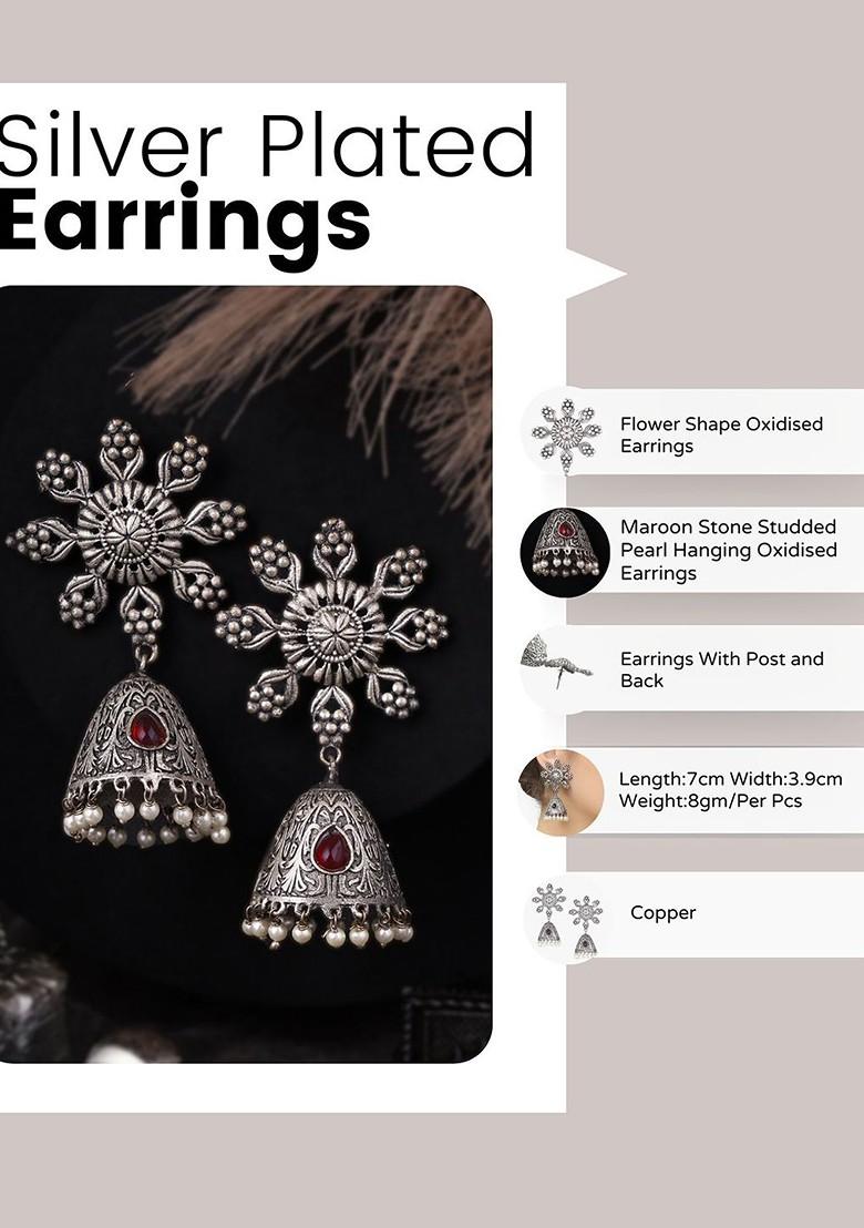 Silver Artificial Stones And Beads Silver Plated  Earrings