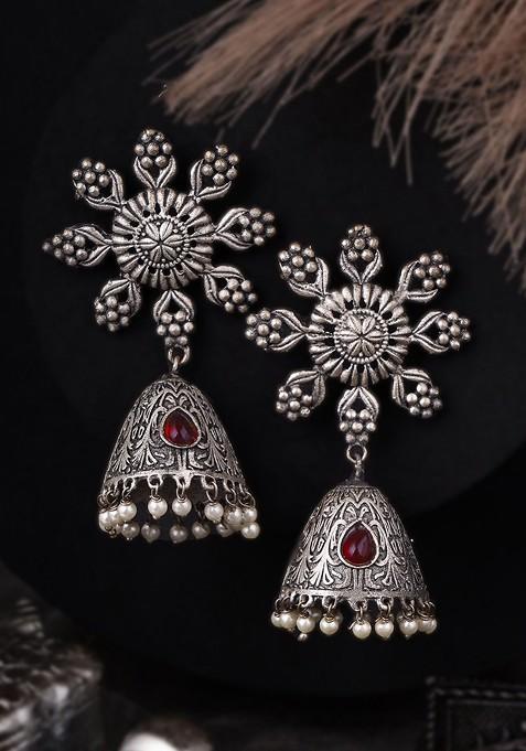 Silver Artificial Stones And Beads Silver Plated  Earrings