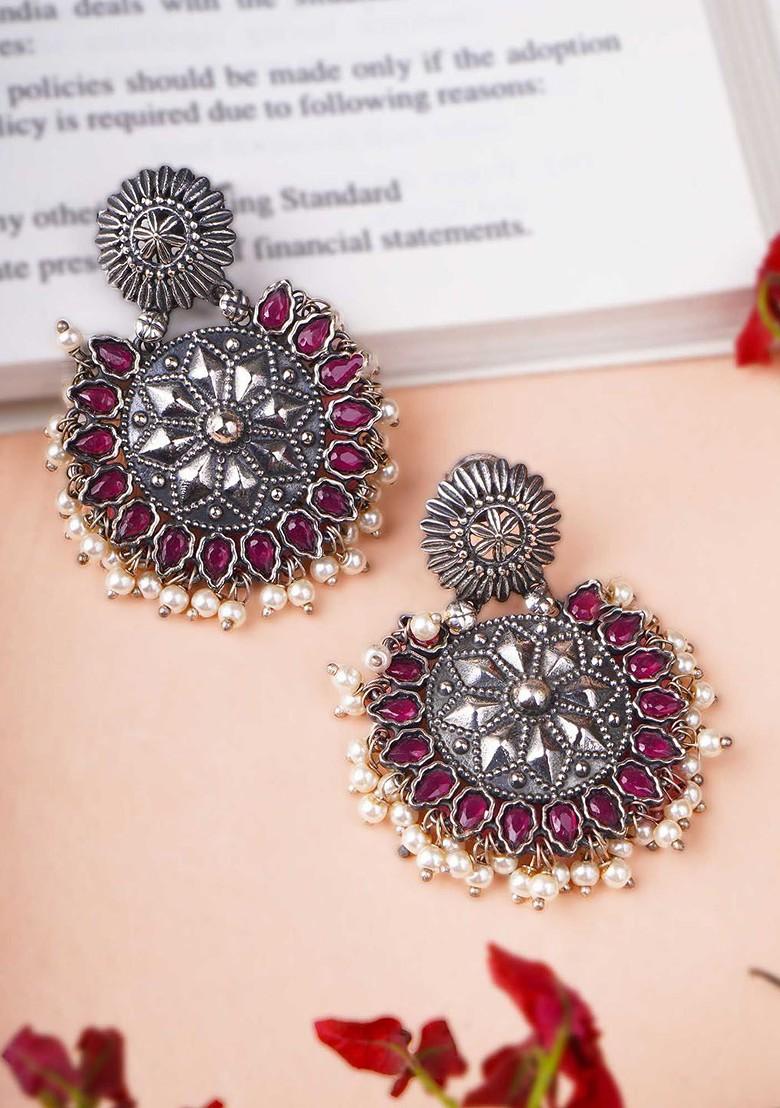 Silver Artificial Stones And Beads Silver Plated  Earrings