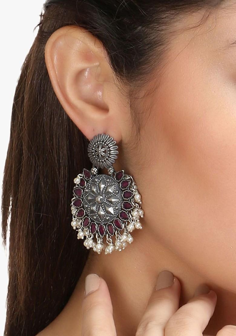 Silver Artificial Stones And Beads Silver Plated  Earrings