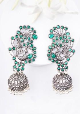 Silver Artificial Stones And Beads Silver Plated  Earrings